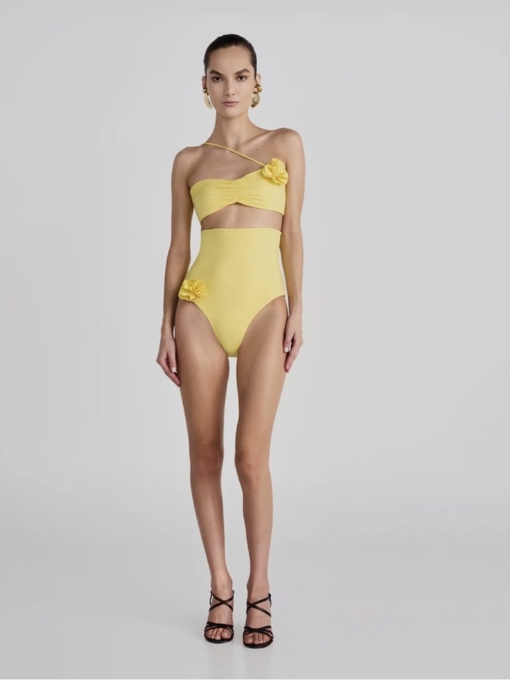 Yellow Floral-Accent High-Waist Bikini Set